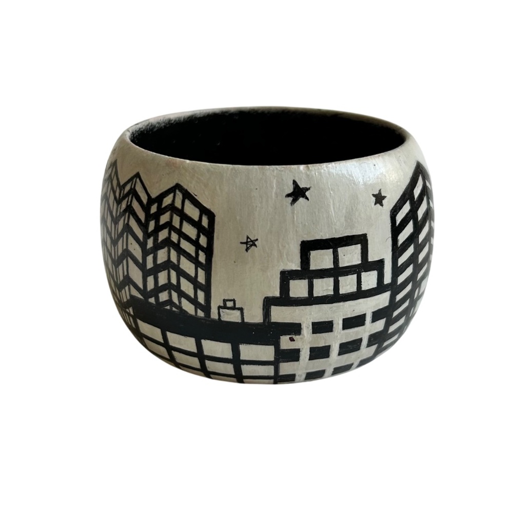 Vintage Cityscape Buildings Black and White Handpainted Wide Wood Bracelet - Picture 6 of 6